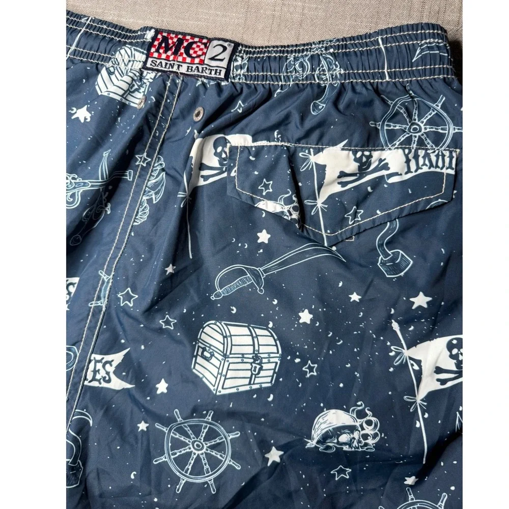 MC2 Saint Barth Mens Navy Pirate Print Swim Trunks Size S Nautical Beach Shorts